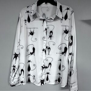 White Long Sleeves Blouse‎ with Mid-Century Modern Artistic Black Cats Print, XL